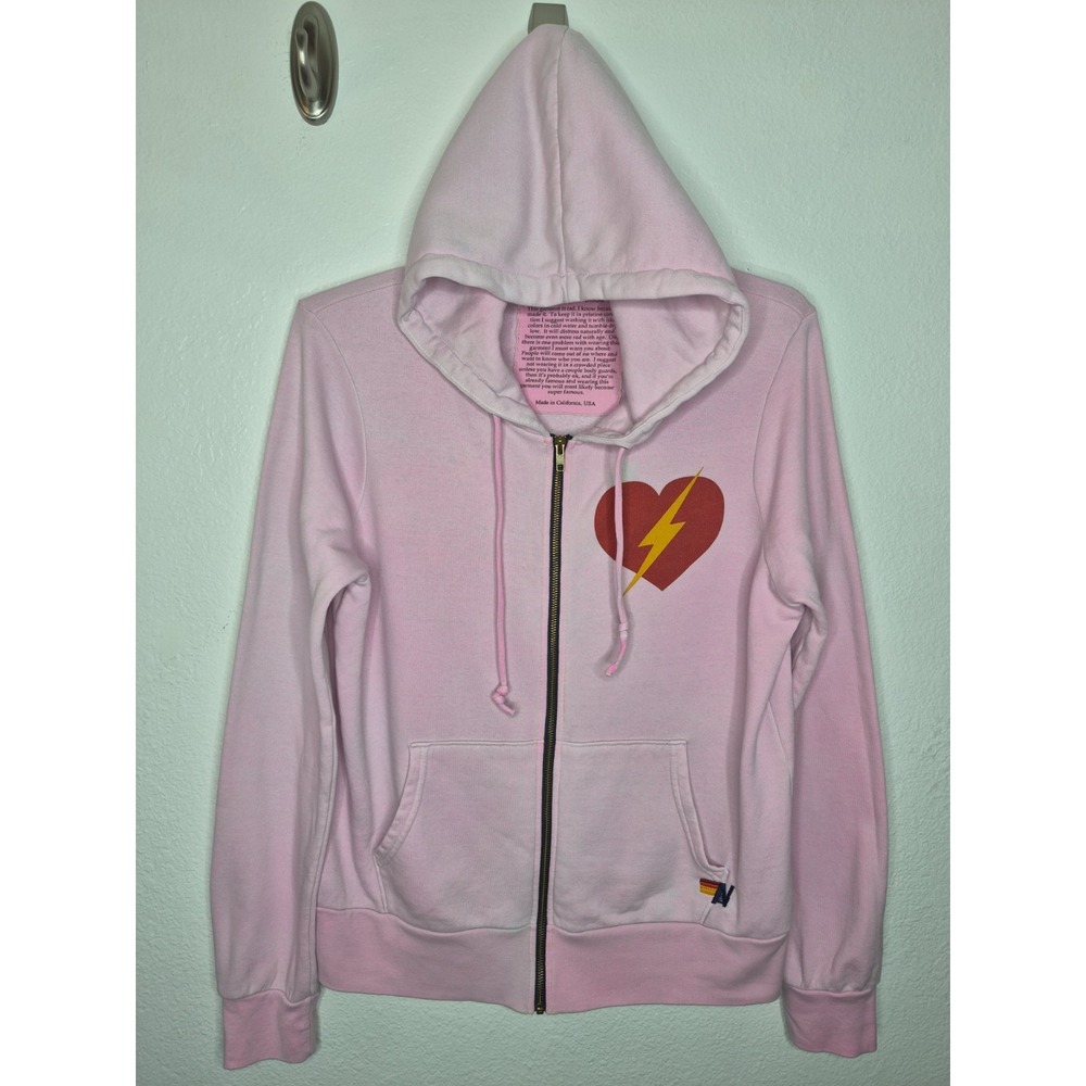 Aviator Nation Heart Lightning Pink Full Zip Hoodie Womens Large 23x27